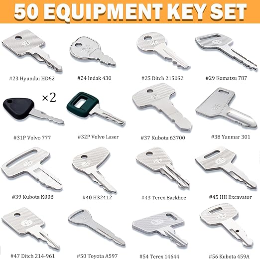 50 Heavy Equipment Keys Master Set, Construction Contractor Machine Ignition Keys Set Fits CAT Caterpillar Case John Deere JCB Hyster JLG Komatsu Kubota Yanmar New Holland Takeuchi Volvo
