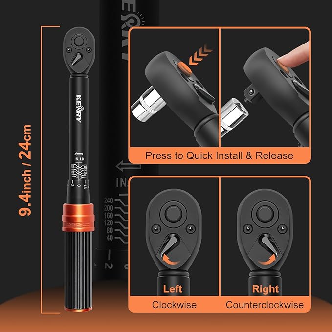 Kerry 1/4 Inch Drive Click Torque Wrench, 20-240 in-lb/2.3-27.1 Nm | ±3% Accuracy, Dual Scale, 72-Tooth Reversible Ratchet, Quick Release and Locking Adjustment with Case for Bicycle Maintenance