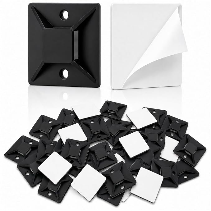 1" Adhesive Cable Tie Mounts – Strong Sticky Back Nylon Wire Holders for Cable Management in Home, Office, Car & Christmas Lights (BLACK-500)