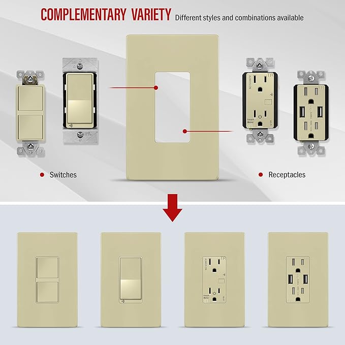 ENERLITES Screwless Decorator Wall Plate Child Safe Outlet Cover, Gloss Finish, Medium Size 1-Gang 4.88" H x 3.11" L, Unbreakable Polycarbonate Thermoplastic, SI8831M-I-10PCS, Ivory