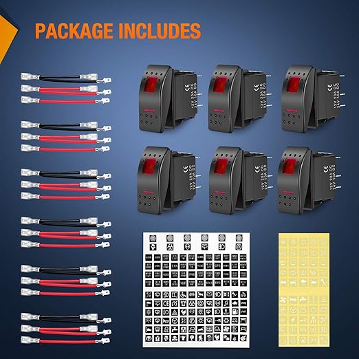 Nilight 6 Pack Rocker Switches with Night Glow Stickers 5 PIN SPST Red Backlit 12V/24V Toggle for Cars Trucks RVs Boats Auto Motorcycles