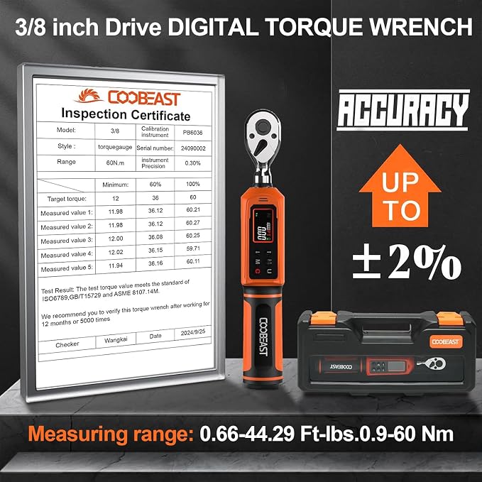3/8 Drive Digital Torque Wrench,Preset Value(0.66-44.29 Ft-lbs./0.9-60Nm) | Buzzer and LED Alert,±2% High Accuracy,72-Tooth, Quick Release,Reversible,Large Screen,for Bike Motorcycle,Gift for Men,DIY