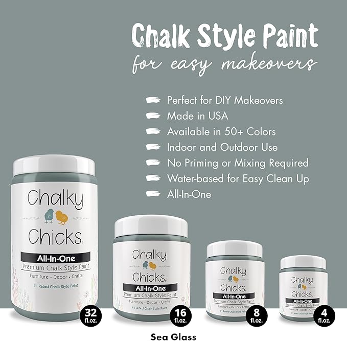Chalky Chicks 4 Fl Oz Matte Sea Glass (Light Blue) Chalk Paint for Furniture Without Sanding, No Prep Furniture Paint No Sanding All in One for Crafts, Wood, Walls, Cabinet, Metal, Dresser, Farmhouse