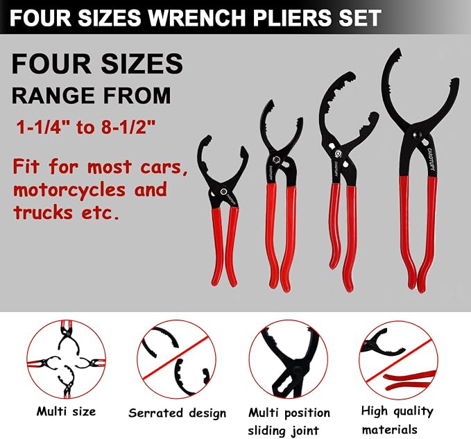 Oil Filter Wrench Set, Adjustable Oil Filter Pliers Set (6Pcs) | Universal Oil Filter Removal Tool 1-1/4" - 8-1/2", Adjustable 3-Jaw Oil Filter Wrench, Small Snap-On Oil Funnel