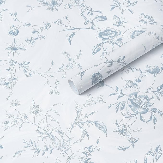 Ismoon Blue Wallpaper Peel and Stick Floral Vintage Stick on Wall Paper French Textured Contact Paper for Cabinet Removable Self Adhesive Wallpaper Vinyl Roll Shelf Deco, 17.3x787in