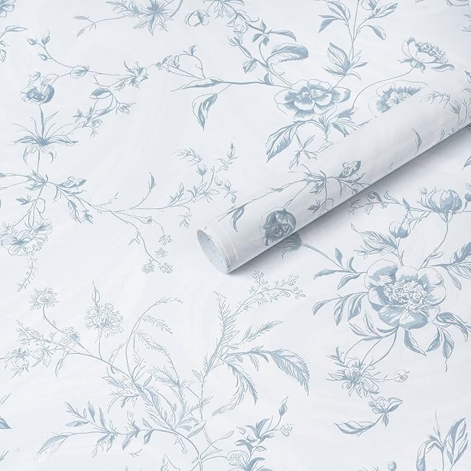 Ismoon Blue Wallpaper Peel and Stick Floral Vintage Stick on Wall Paper French Textured Contact Paper for Cabinet Removable Self Adhesive Wallpaper Vinyl Roll Shelf Deco, 17.3x393in