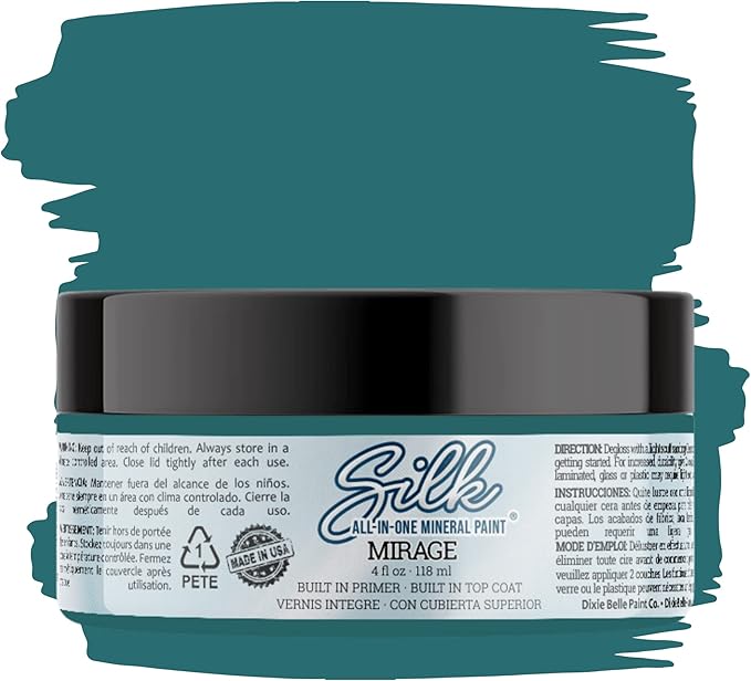 Dixie Belle Silk All-in-One Mineral Paint - Mirage (4oz) - Calm Blue-Green Water Based Built-In Primer + Topcoat for Wood + Metal - Durable Furniture Paint - Low Reflective Finish