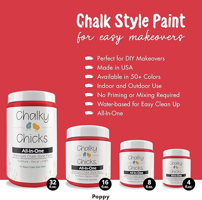 Chalky Chicks 4 Fl Oz Matte Poppy (Deep Red-Pink) Chalk Paint for Furniture Without Sanding - No Prep Furniture Paint No Sanding All in One for Crafts, Wood, Walls, Cabinet, Metal, Dresser, Farmhouse