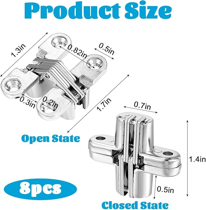 8 Packs Hidden Hinges for Cabinet Doors, 1-3/4" Stainless Steel Hidden Hinges, 180 Degree Invisible Hinge, Cross Concealed Hingesfor Cabinet, Folding Door, Folding Table and Cupboard