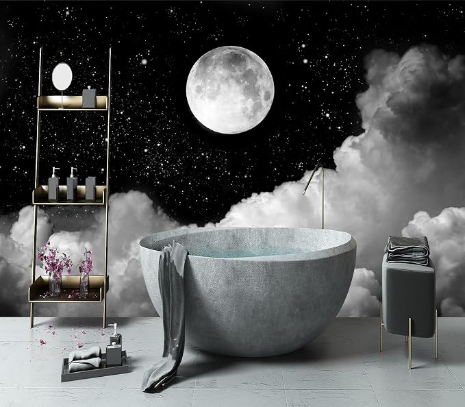 YIHWM-Peel and Stick Galaxy Wallpaper Moon Clouds Black Starry Sky Mural | Tear-resistant,with a substantial feel;Will not be damaged during repositioning.Boy's Room,kids room wallpaper.L-137"x96"