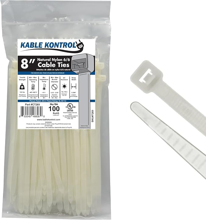 Kable Kontrol Heavy Duty Cable Zip Ties 100 Pcs 8 Inch, Natural White, 120 Lbs Tensile Strength, Self-Locking Nylon Clear Plastic Wire Ties Wraps for Indoor or Outdoor Use