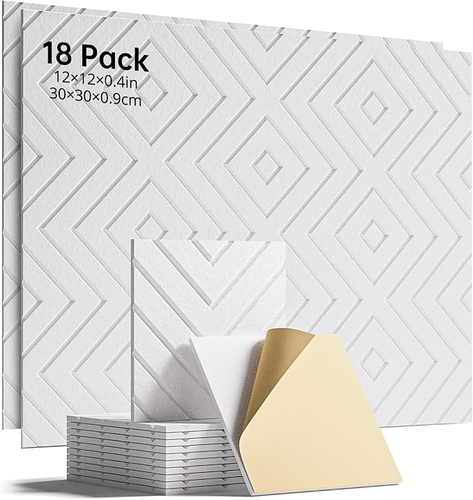 Sound Proof Foam Panels for Walls, 18 Pack Self-Adhesive Acoustic Panels, 12" X 12" X 0.4" Soundproof Wall Panels for Door, Ceiling, Home Office White