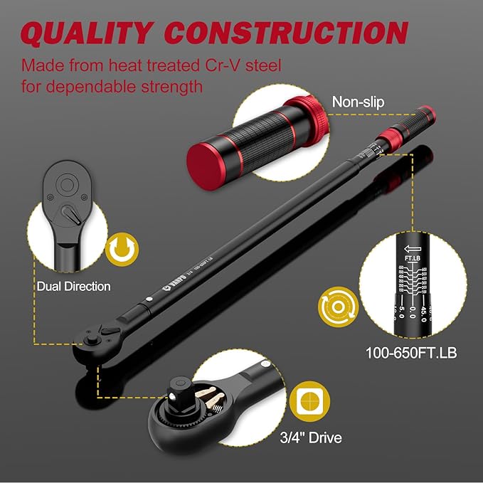 VANPO 3/4-inch Drive Click Torque Wrench, 100-650Ft-Lb/135.5-880.8Nm, | Industrial Adjustable Torque Wrench Set with a Hex Key for Oil Rigs, Trucks & Off-Road Equipment