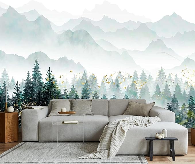 Toolhom Hazy Forest Wallpaper with Gold flecks, Misty Mountain Peaks Mural | 170"x108" non-self-adhesive nature landscape wall mural