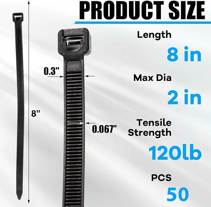 Reallnaive 50 Pcs 8 Inch Zip Ties Heavy Duty 120 Lbs Tensile Strength Black Nylon Wire Cable Ties for Indoor Outdoor