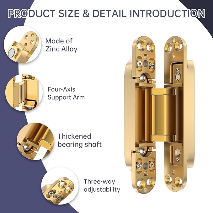 7" 2 pcs Hidden Hinges for Doors Invisible Hinges Concealed Zinc Alloy 180 Degree Swing 3 Way Adjustable Butt Silent Door Hinge 7 x 2.8 x 1 inch (Gold)