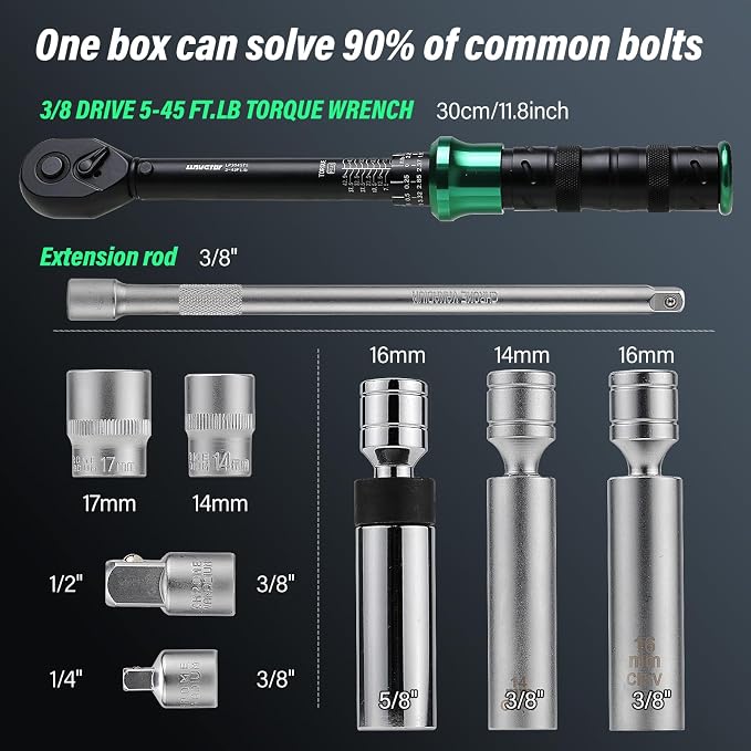 9Pcs Spark Plug Socket Set 3/8" 5-45Ft.lb Torque Wrench with Universal Spark Plug Socket, 1/2 and 1/4 Adapters and Extension Rod