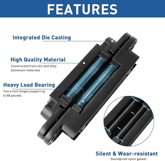 TamBee Hidden Hinges Concealed Door Hinge - Black, Zinc Alloy, Invisible, 3 Way Adjustable for Hidden Door, Bookcase Door and Secret Doors 6 Inch (1 Hinge)
