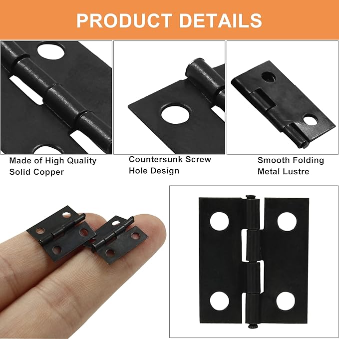 50 Mini Hinges, 0.73"x0.59", Matte Black, Doll House DIY Hinges for Mini Cabinet, Jewelry, Wooden Box