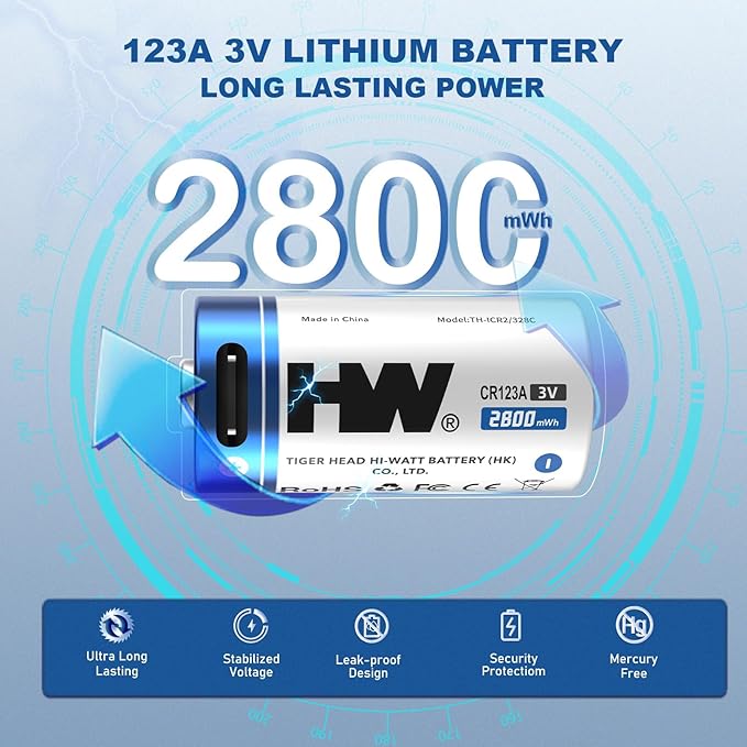 HW Rechargeable 123 Batteries [3V, 16-Pack] 2800mWh Long-Lasting 123a Lithium Battery 1000+ Cycles with 4 in 1 USB-C Cable for Cameras, Flashlight