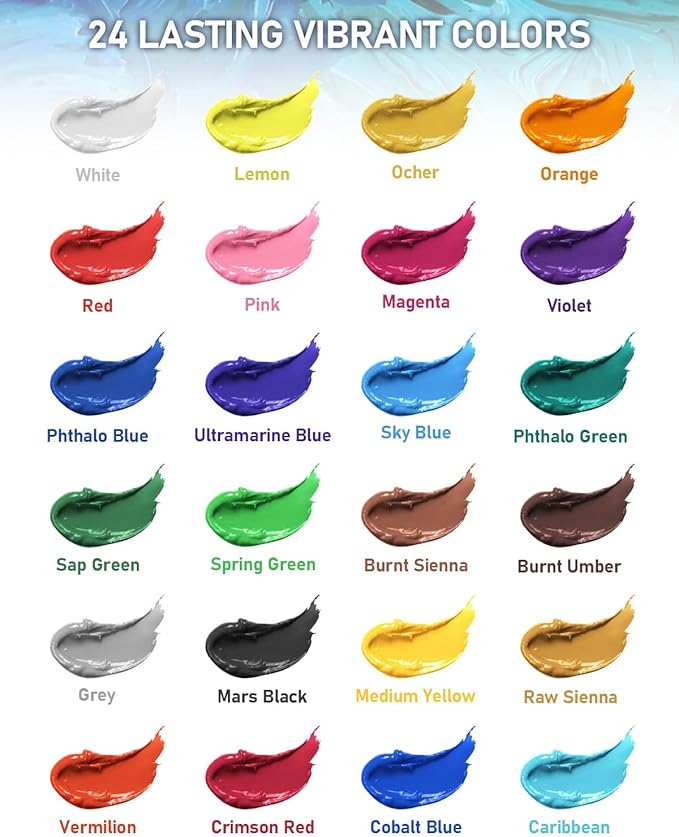 Nicpro 24 Colors Large Bulk Acrylic Paint Set (8.45 oz/250 ml), Rich Pigments Non Toxic, Bulk Painting Supplies for Artist Beginners on Canvas, Wood, Rock, Glass, Ceramic, Crafts with Color Wheel