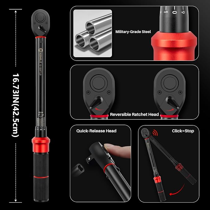 1/2-Inch Drive Click Torque Wrench-10-150 Ft-Lb for Car Motorcycle | Adjustable Inch Pound Torque Wrench (13.6-203.4Nm),72T Dual-Direction Dual Range, 3% Precision for Bike Lug Nut Machinery DIY