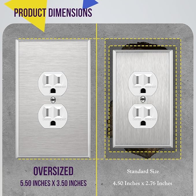 ENERLITES Duplex Receptacle Jumbo Metal Wall Plate, Stainless Steel Outlet Cover, Corrosion Resistant, Over Size 1-Gang 5.5" x 3.5", UL Listed, 7721O, 430, Silver