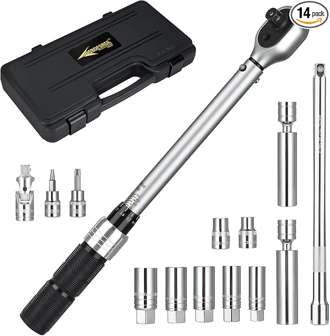 AEROFORCE 14PCS 3/8-Inch Drive Swivel Magnetic Spark Plug Socket Set with 3/8" Torque Wrench (5-45 Lb.ft/6.8-61.2 Nm), Universal Joint & Extension Bar - Durable CR-V Steel for Easy Spark Plug Removal