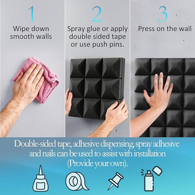 JBER 24 Pack 2" X 12" X 12" Acoustic Foam Panels,Soundproofing Wall Studio foam Panels wedges,Sound Insulation Absorbing Acoustic Treatment,9 Blocks Beveled Mushroom Fireproof Design - Black
