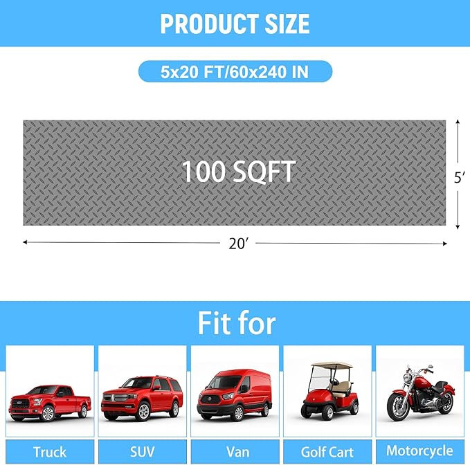 5x20 FT Garage Floor Mat, 2.8mm Thickened PVC Flooring Roll for Under Car, Golf Cart Parking Mat, Diamond Plate Gray Motorcycle Mat for Warehouse, Basement, Gyms, Trailer（Included Tapes）