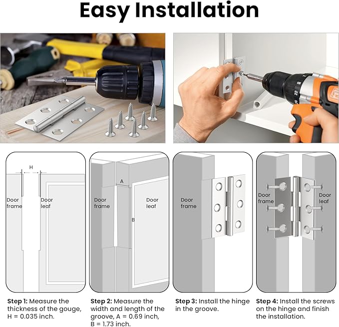 16 Pcs Small Stainless Steel Door Hinges, 2 inch Window Folding Hings, Home Furniture Hardware with 96 Screws (Silver)