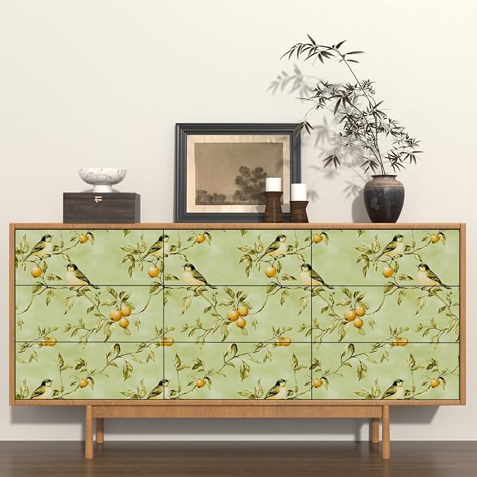 Green Bird Wallpaper Peel and Stick, Vintage Botanical Fruits Contact Paper, Retro Floral Boho Wall Paper Self Adhesive Removable Waterproof for Bedroom Walls Shelf Cabinet Drawer Table 17.5" x 118"