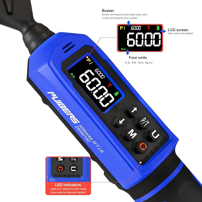 Digital Torque Wrench 3/8 Inch Drive 0.66-44.3 FT.LB (0.9-60Nm),Electronic Inch Pound Torque Wrench ±1% Accuracy 5Units,with Extension Bar 1/4" Adapter for Car,Motorcycle,Bicycle ﻿Buzzer Alarm