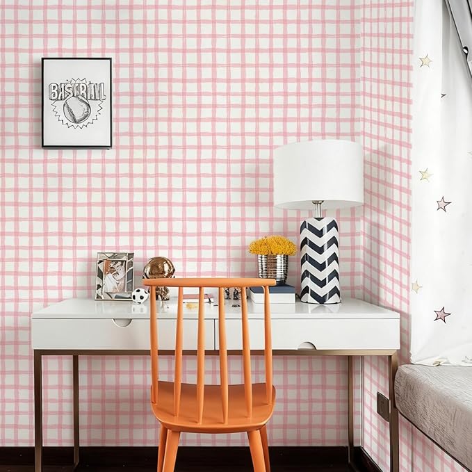 Plaid Wallpaper Peel and Stick, 17.7"x393" | Hand-Painted Pink, Self Adhesive, Vinyl, Removable, Boho Checkered Contact Paper for Bedroom, Living Room, Bathroom