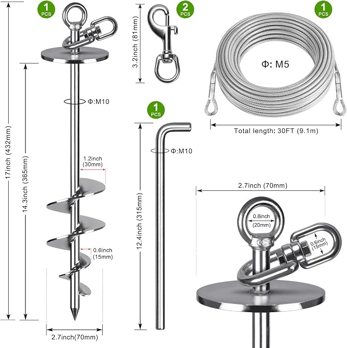 SELEWARE Dog Tie Out Cable and Stake, Dog Anchor with 30FT Heavy Duty Cable | 17" Long Anti-Rust Heavy Duty Dog Stake for Large Dogs up to 220 lbs, Easy Install with Twist Rod for Yard, Camping Outside