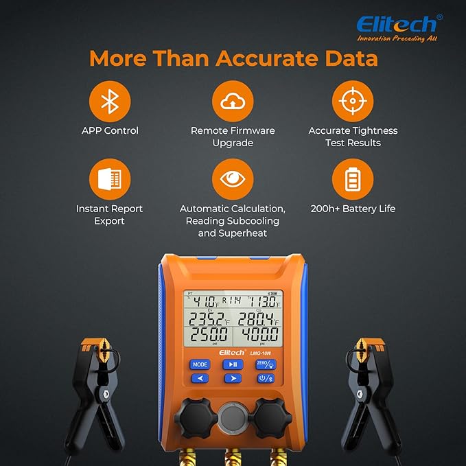Elitech Wireless Digital Manifold Gauge Set Data Logging Refrigerant HVAC Gauges with Hoses, Temperature Clamps, LMG-10W