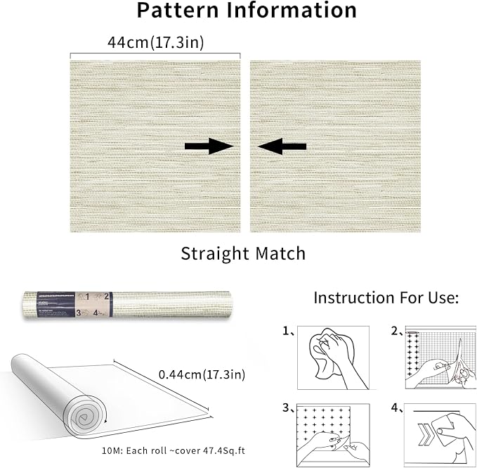 Simon&Siff Cream Textured Grasscloth Peel and Stick Wallpaper 17.7"x394" Neutral Faux Grassweave Wallpaper Waterproof Self Adhesive Removable Wallpaper Mural for Home Decor Bedroom Kitchen Cabinet