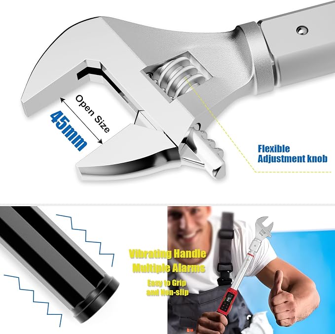 Adjustable Digital Torque Wrench, 1.5-99.6 Ft.lb, ±1% Accuracy | 2-135Nm, 45mm Jaw & 1/2" Ratchet, 14×18mm Open End, Vibration, Buzzer, LED Indicator for HVAC, Split AC, Motorcycle, Plumbing