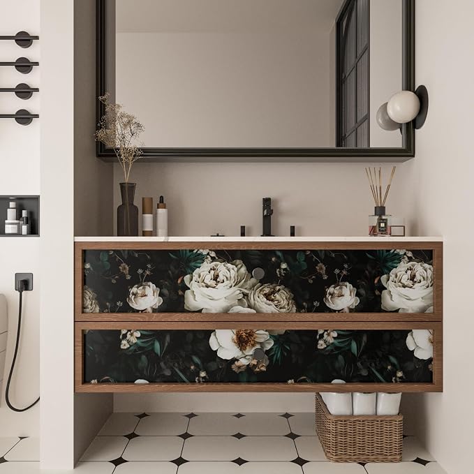 Laatse Dark Floral Wallpapr Peel and Stick Boho Wallpaper 17.5in x 118in Black Contact Paper Waterproof Self Adhesive Vintage Large Floral Wall Paper for Bedroom Walls Cabinet Decor