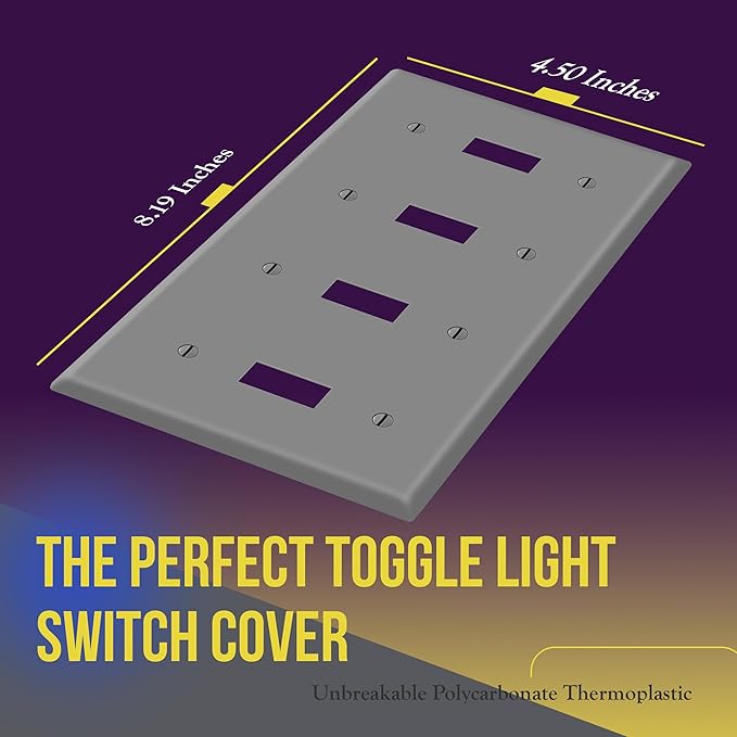 ENERLITES Quad Toggle Light Switch Wall Plate, Standard Size 4-Gang 4.50" x 8.19", Unbreakable Polycarbonate Thermoplastic, 8814-GY, Gray