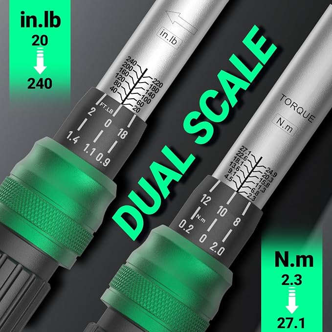 1/4" Drive Click Torque Wrench, 20-240 in.lb/2.3-27 Nm, Dual-Direction Adjustable 72 Tooth Ratchet, ±3% Accuracy Small Torque Wrench for Bike and Motorcycle