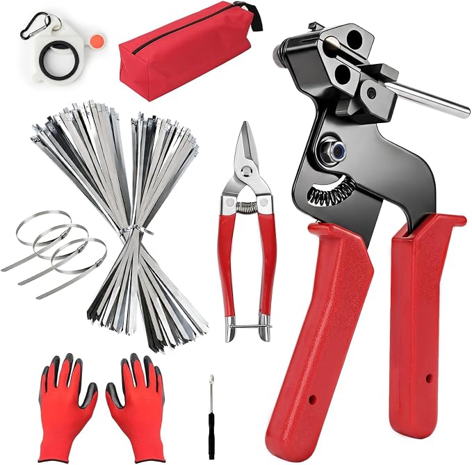 Metal Zip Ties Gun Set, 200Pcs Stainless Steel Cable Ties, Red | Heavy Duty Stainless Steel Cable Tie Gun Kit with 8 inch & 12 Inch Zip Ties for Chain Link Fence, Chicken Coop, Exhaust Pipes