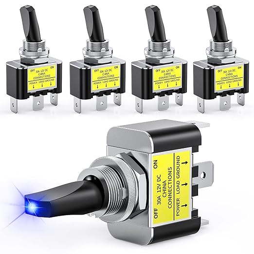 Nilight 5PCS LED Toggle Switch ON Off 12V 30A Blue LED Lighted Metal Switch Heavy Duty SPST 3 Pin Rocker Switch 12mm Mounting Hole for Automotive Cars Trucks Boats Racing Cars,2 Years Warranty