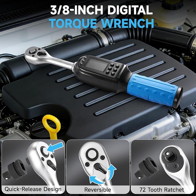 DISEN 3/8" Digital Torque Wrench Set 5-135 N.m 8 Presets 500 Memory | 3.7-99.6 Ft.lb | ±2% accuracy | 8 presets & 500 data memory | Track/Peak modes | LED/buzzer | For auto, motorcycle, bike, DIY