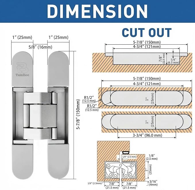 TamBee Outswing Hidden Door Hinges for Secret Door Secret Door Hinges Concealed Door Hinge Hidden Hinges for Secret Door 3 Way Adjustable 6inch 2PCs