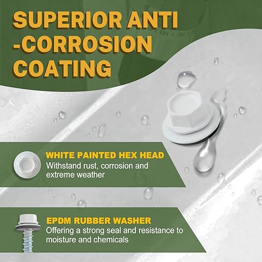 LIONMAX Metal Roofing Screws #10 × 1 Inch, 300-PCS, White Painted Hex Head Sheet Metal Roof Screws, Rubber Washer, Sharp Point, Metal to Wood Siding Screws, Hex Socket Included
