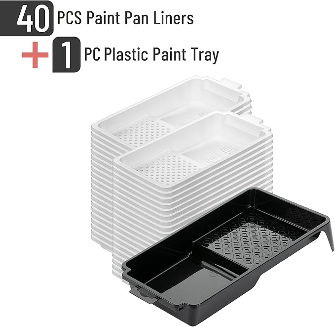 Bates- 4 Inch Paint Tray Set, 41 Pack, 1x 4 Inch Paint Roller Tray, 40x Disposable Plastic Liners, Black and White