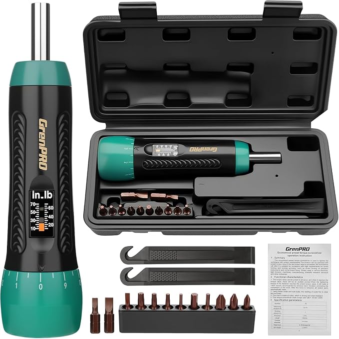 GRENPRO Scope Torque Wrench 15 Pcs Torque Screwdriver Set, 10-70 Inch Pound Torque Wrench, 1/4" Drive for Bicycle Repair, Gunsmithing, & Maintenance, Includes 12 S2 Steel Bits & 2 Tire Levers