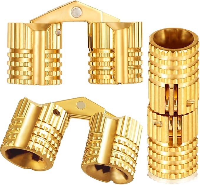 Hidden Brass Barrel Hinges, 8mm, 180 Degree Opening Angle Concealed Furniture Hinges for DIY Jewelry Box Hand Craft, 8-Piece Set with Screws, Gold, 0.71 x 0.31 Inch
