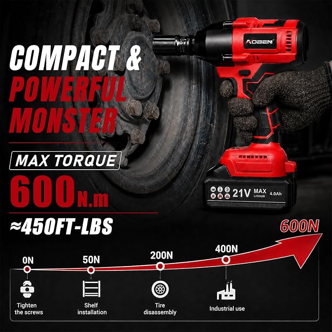 AOBEN Cordless Impact Wrench 1/2 Inch, Power Impact Gun Kit, Max 600N. M/450Ft-lbs High Torque Electric Impact Driver for Car RV Tire, 4.0Ah Battery, Charger, 6 Sockets & Storage Tool Case